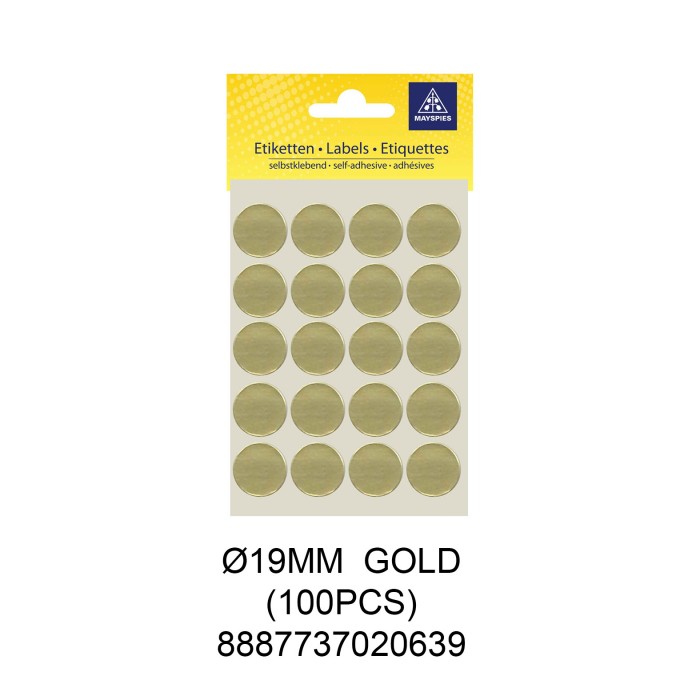MAYSPIES MS019 COLOUR DOT LABEL / 5 SHEETS/PKT / 100PCS / ROUND 19MM GOLD